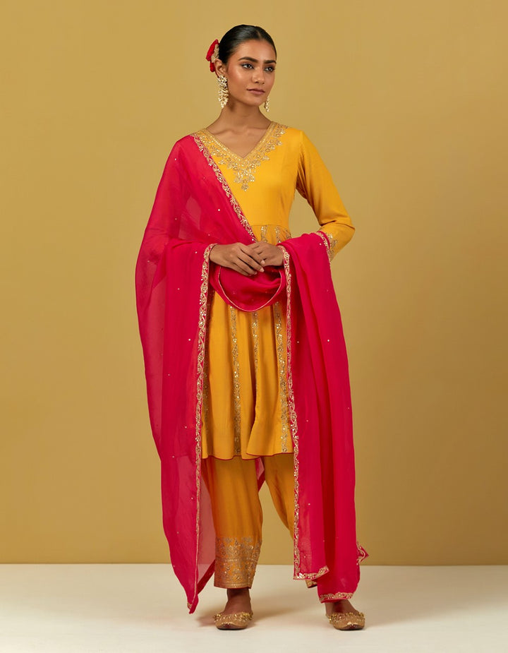 Yellow Hand Embroidered Modal Cotton Anarkali