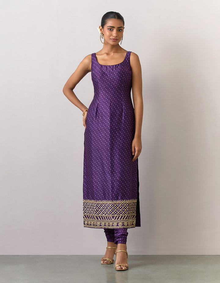 Purple embroidered printed chanderi kurta