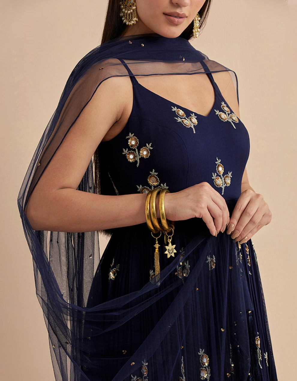 Blue hand embroidered georgette gown with net dupatta