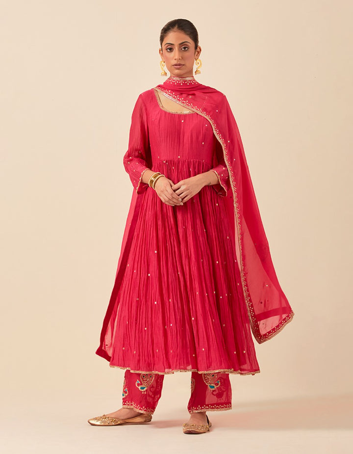 Pink hand embroidered half cut anarkali with pants and dupatta
