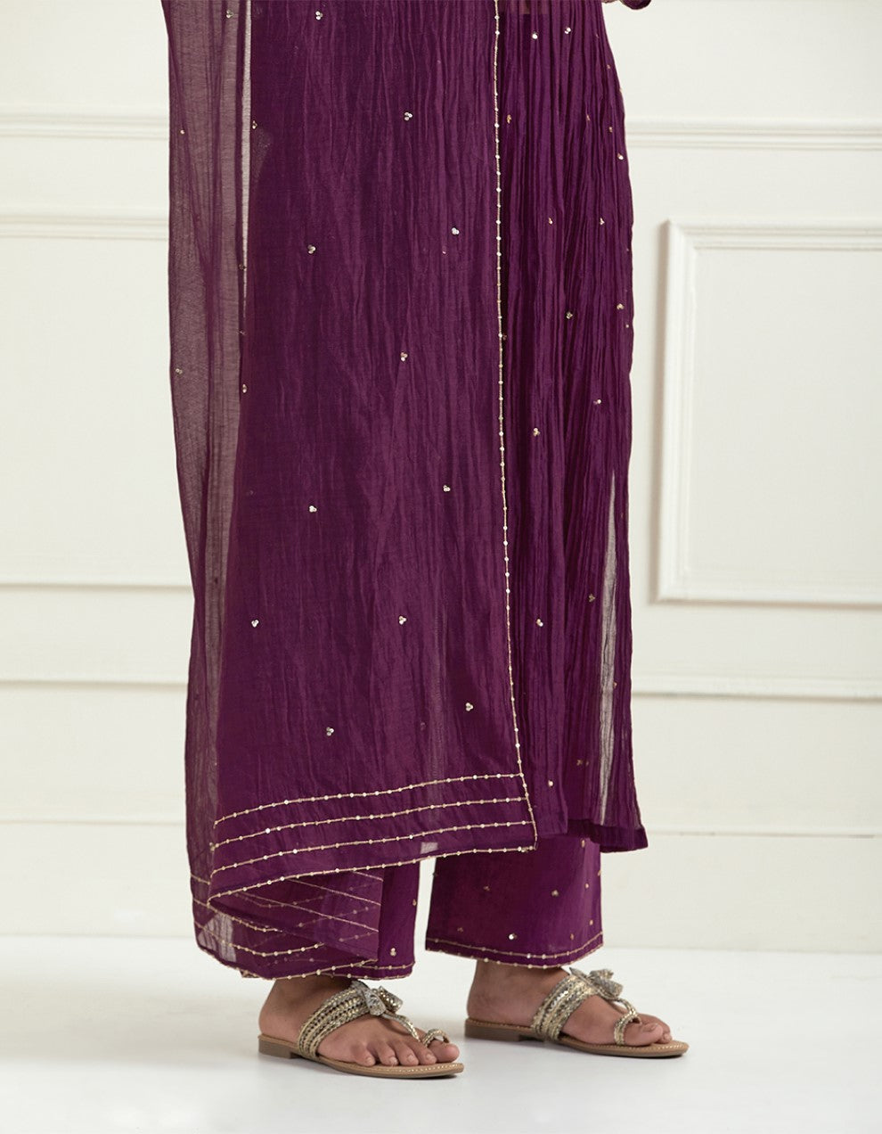 Purple hand embroidered chanderi kurta with pants and dupatta