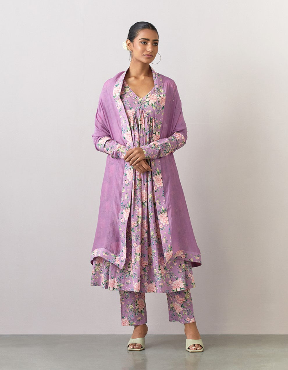 Lavender printed cotton kurta with pants and dupatta