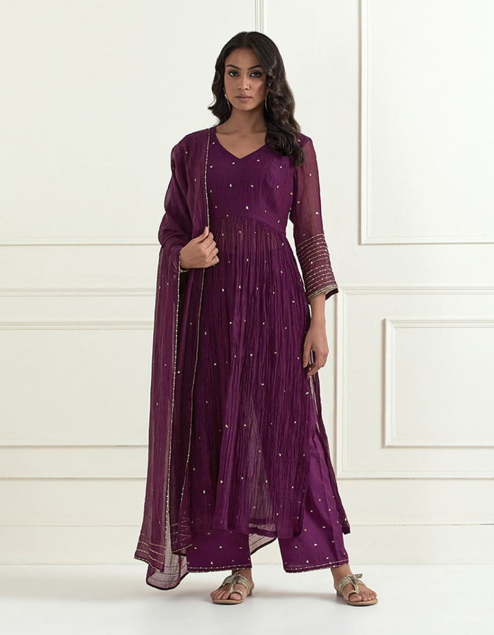 Purple hand embroidered chanderi kurta with pants and dupatta