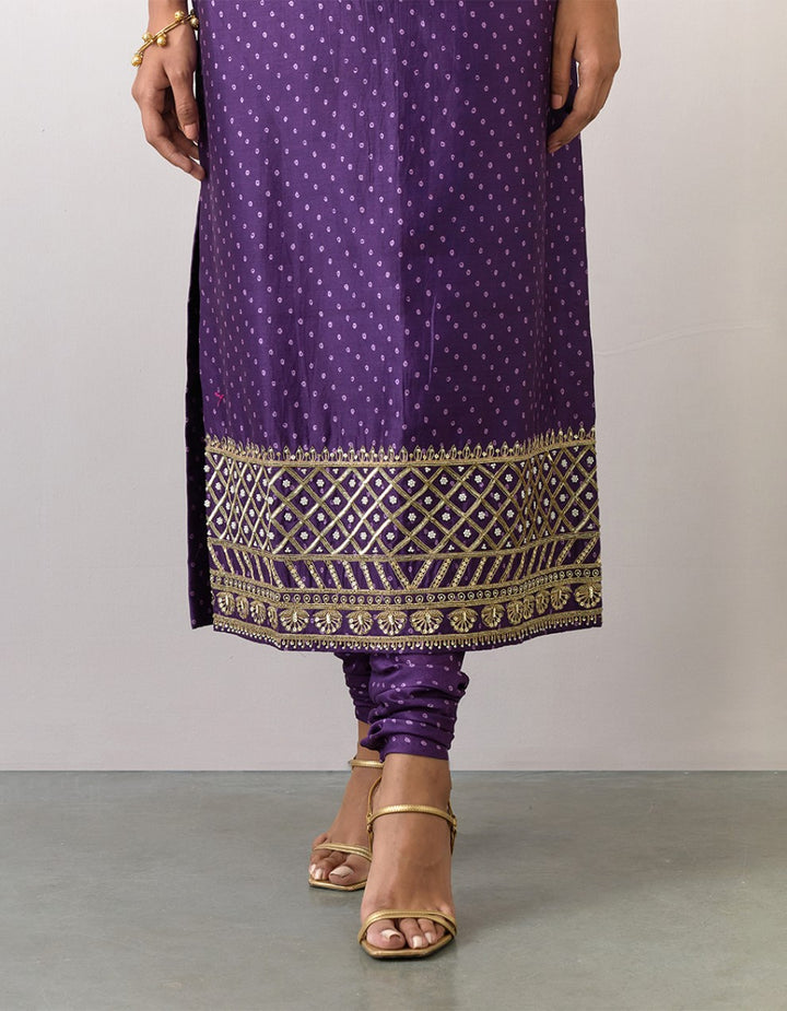 Purple embroidered printed chanderi kurta