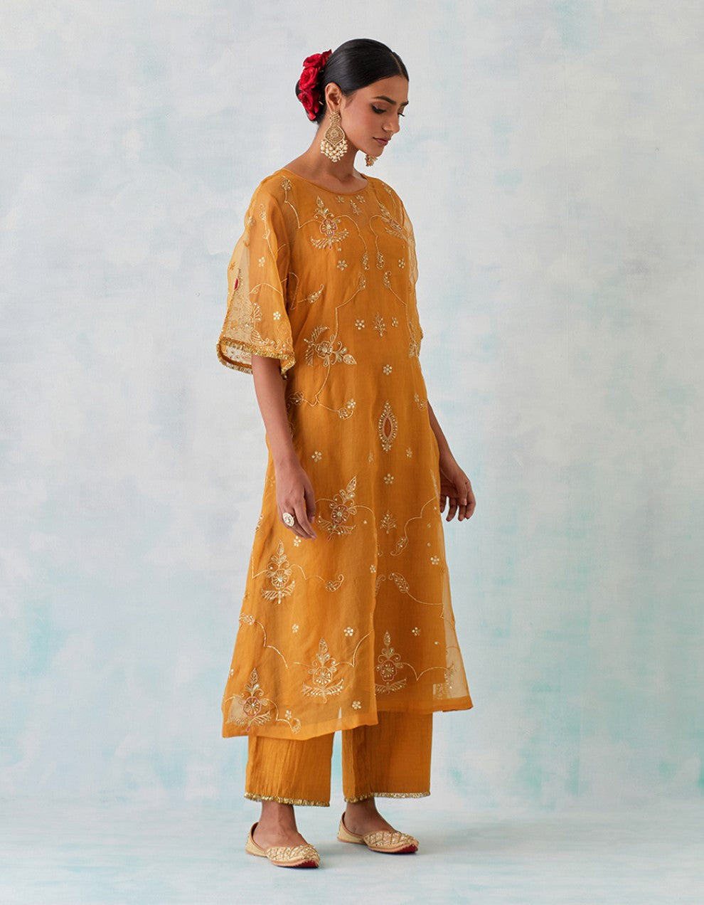 Mustard hand embroidered tissue organza and chanderi lining kurta with pants