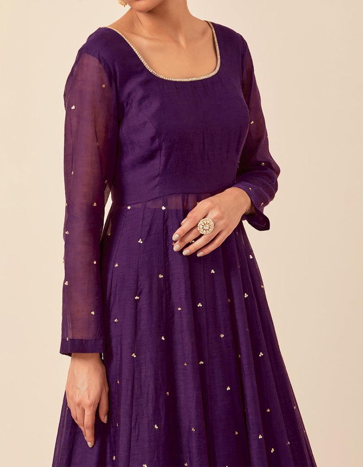 Purple hand embroidered anarkali with skirt and organza dupatta
