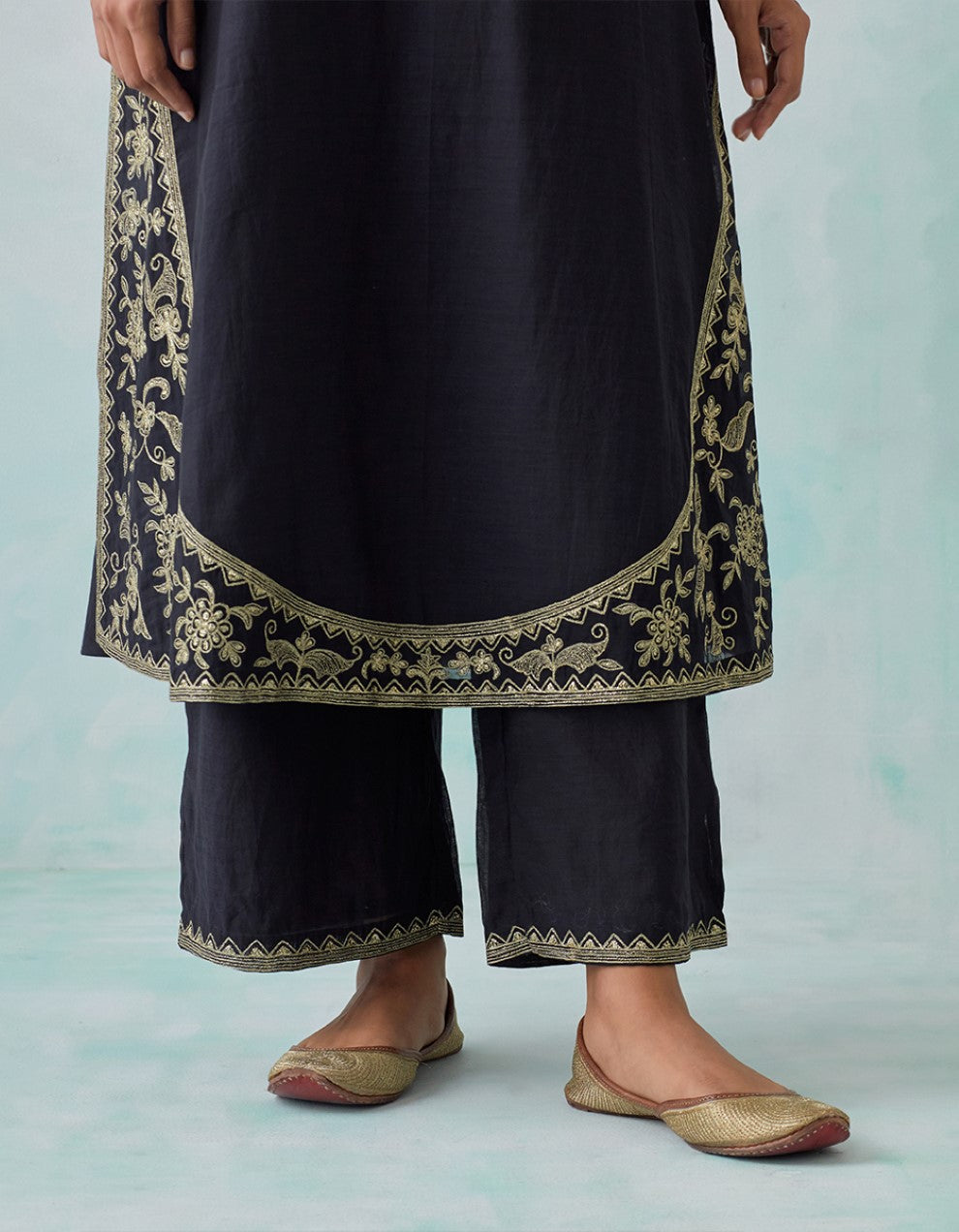 Black Embroidered Light Chanderi Kurta with Pants and Tissue Organza Dupatta