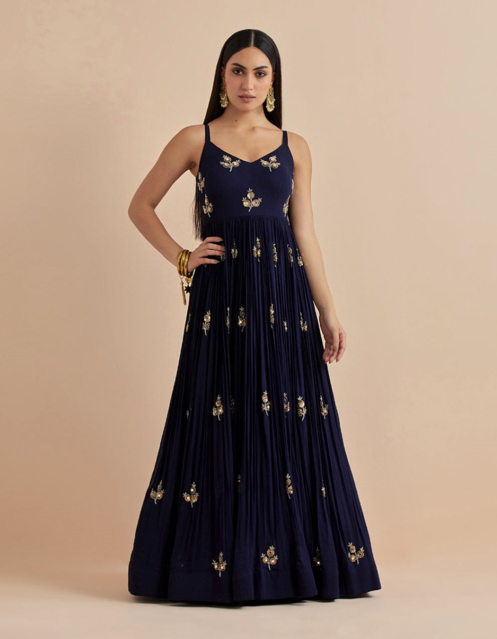 Blue hand embroidered georgette gown with net dupatta