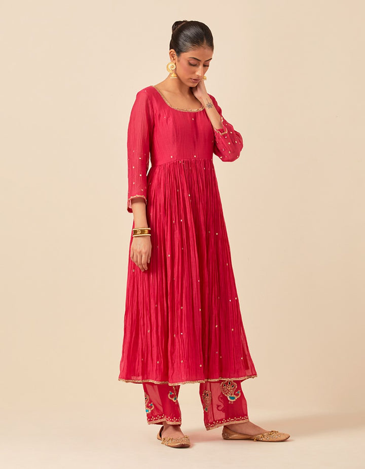 Pink hand embroidered half cut anarkali with pants