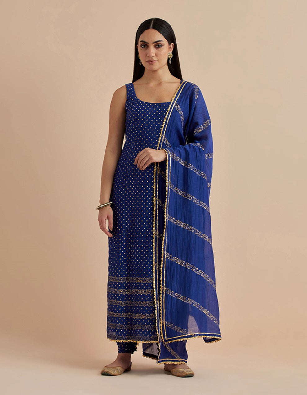 Blue printed chanderi silk kurta with churidar and dupatta