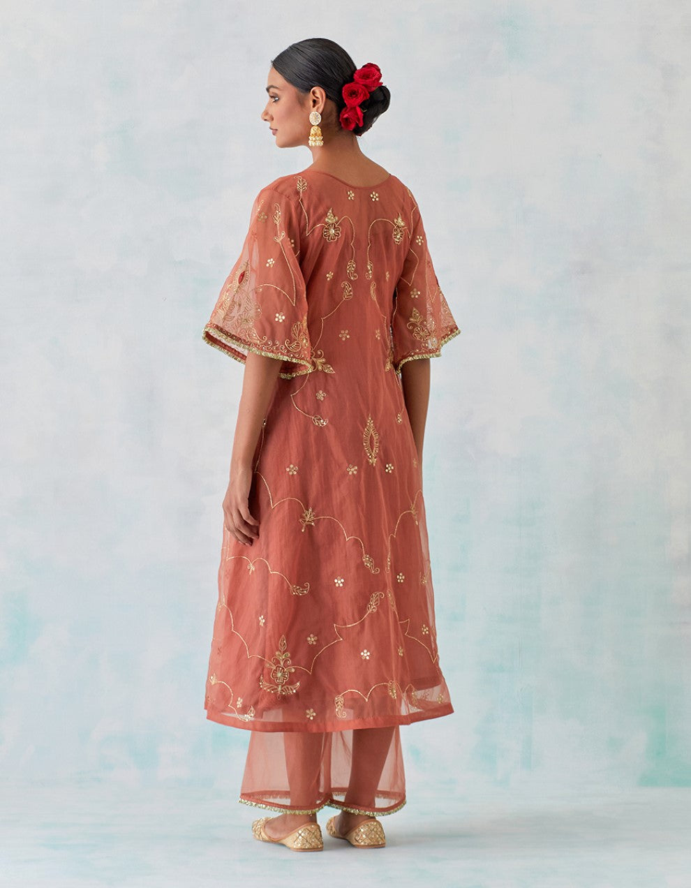 Peach hand embroidered tissue organza and chanderi lining kurta with pants