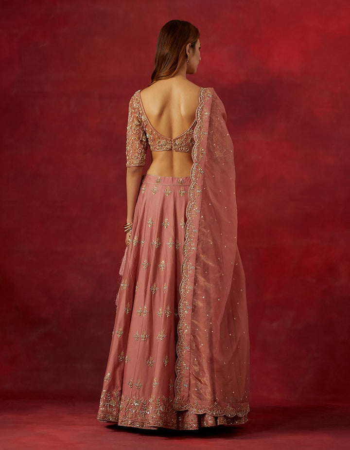 Dust Pink embroidered chanderi silk skirt and net blouse with tissue dupatta