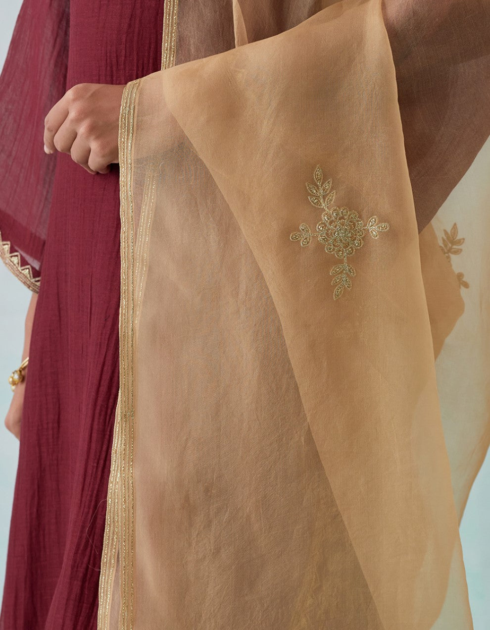 Maroon Embroidered Light Chanderi Kurta with Pants and Tissue Organza Dupatta