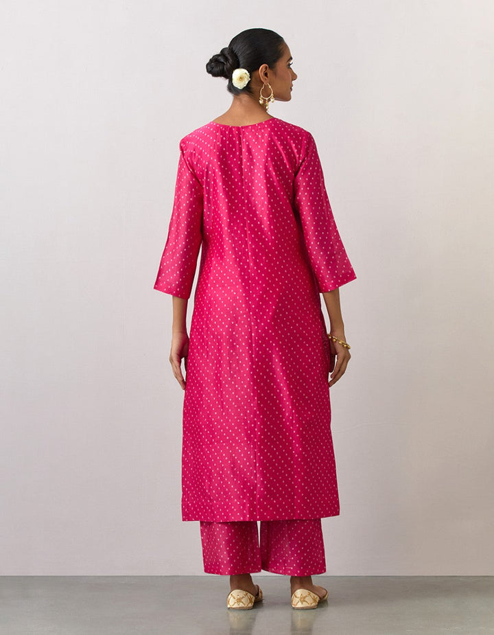 Pink embroidered printed chanderi kurta with pants and dupatta