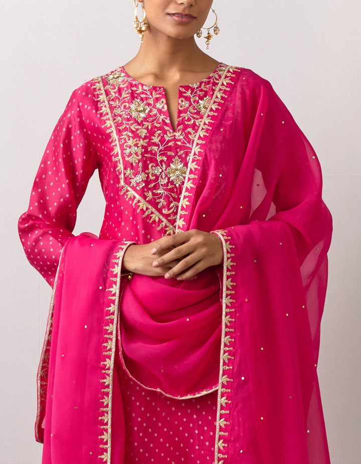 Pink embroidered printed chanderi kurta with pants and dupatta