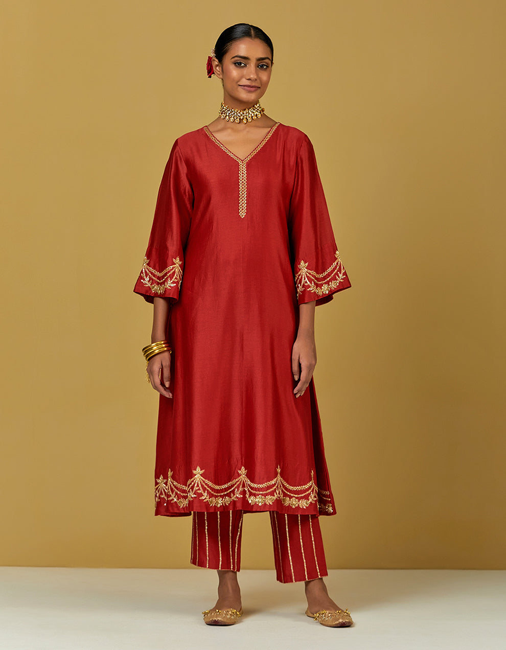Red Embroidered Chanderi Silk Kurta
