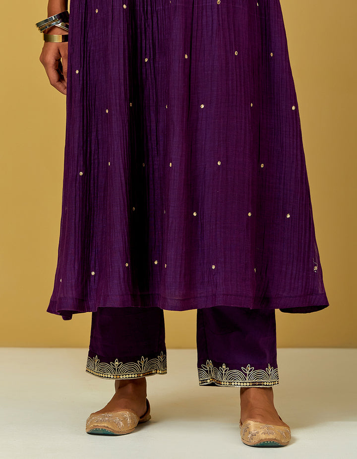 Purple Embroidered Chanderi Kurta With Cotton Pants And Dupatta