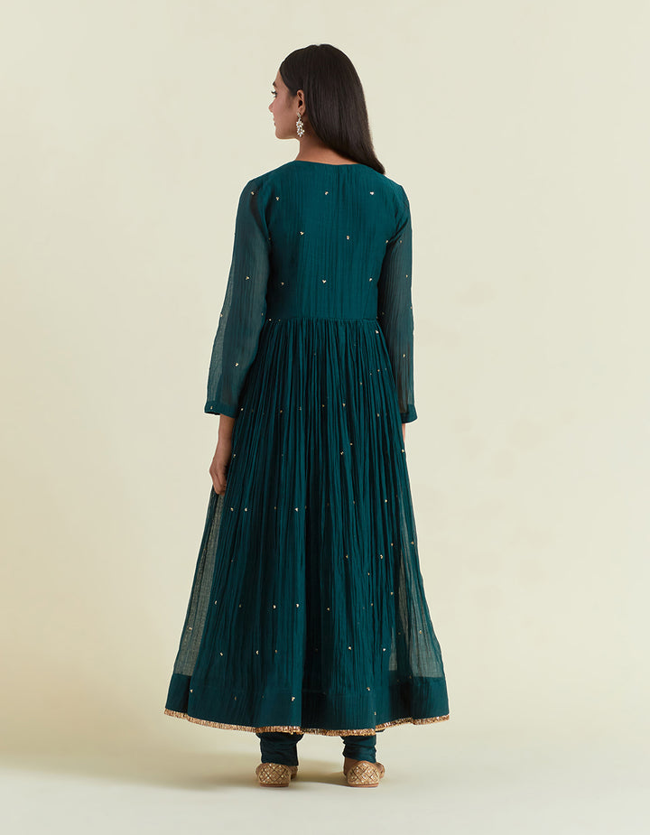 Teal Embroidered Light Chanderi Anarkali with Churidar And Dupatta