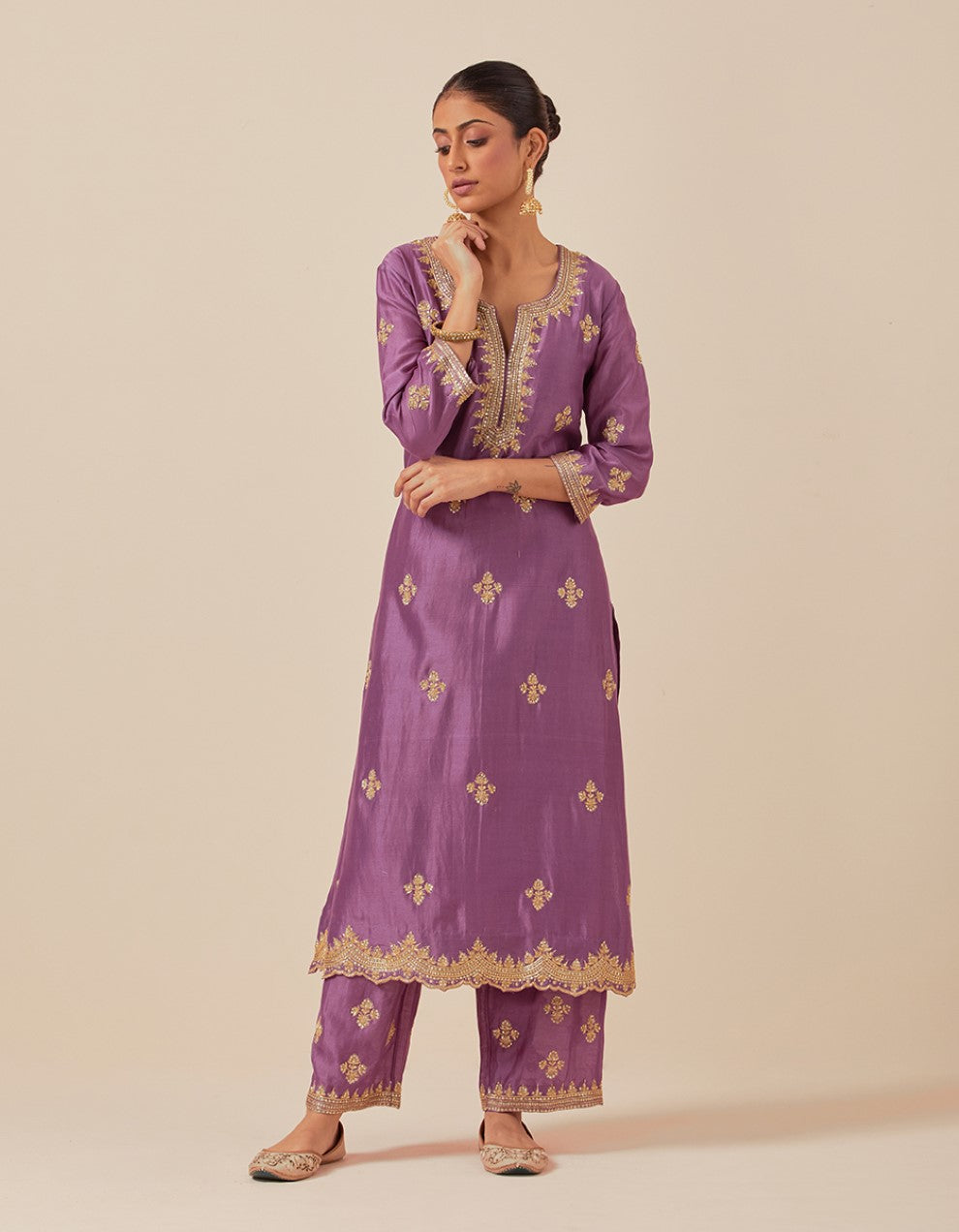 Purple hand embroidered kurta with pants and dupatta
