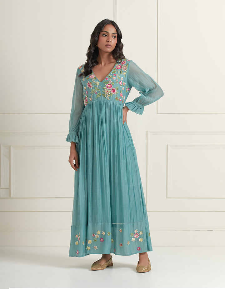Teal Blue Hand Embroidered Chanderi Gathered Dress