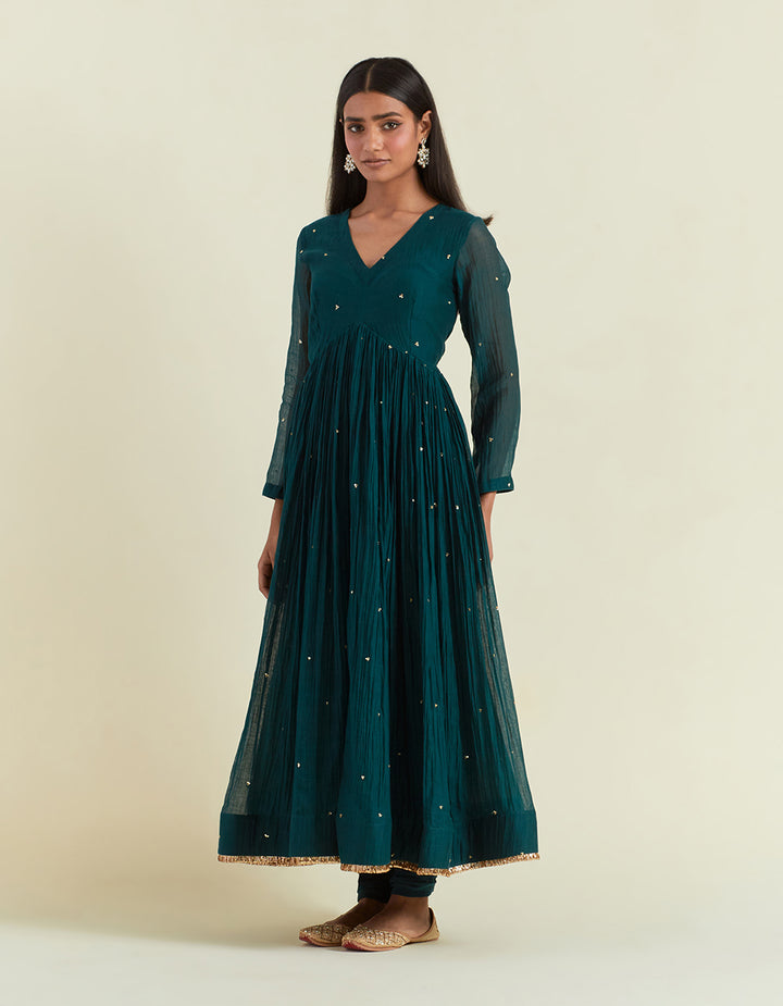 Teal Embroidered Light Chanderi Anarkali with Churidar And Dupatta