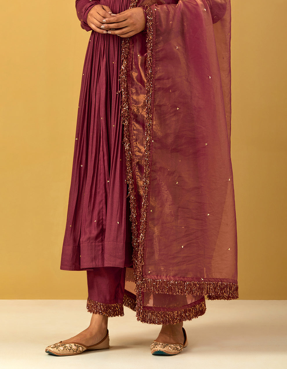 Rust Cheese Cotton Anarkali With Pants And Shimmer Dupatta