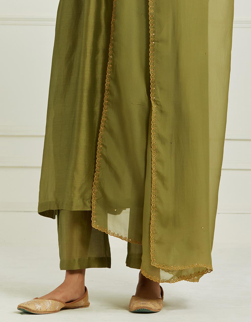 Olive Green Embroidered Chanderi Kurta With Pants And Dupatta