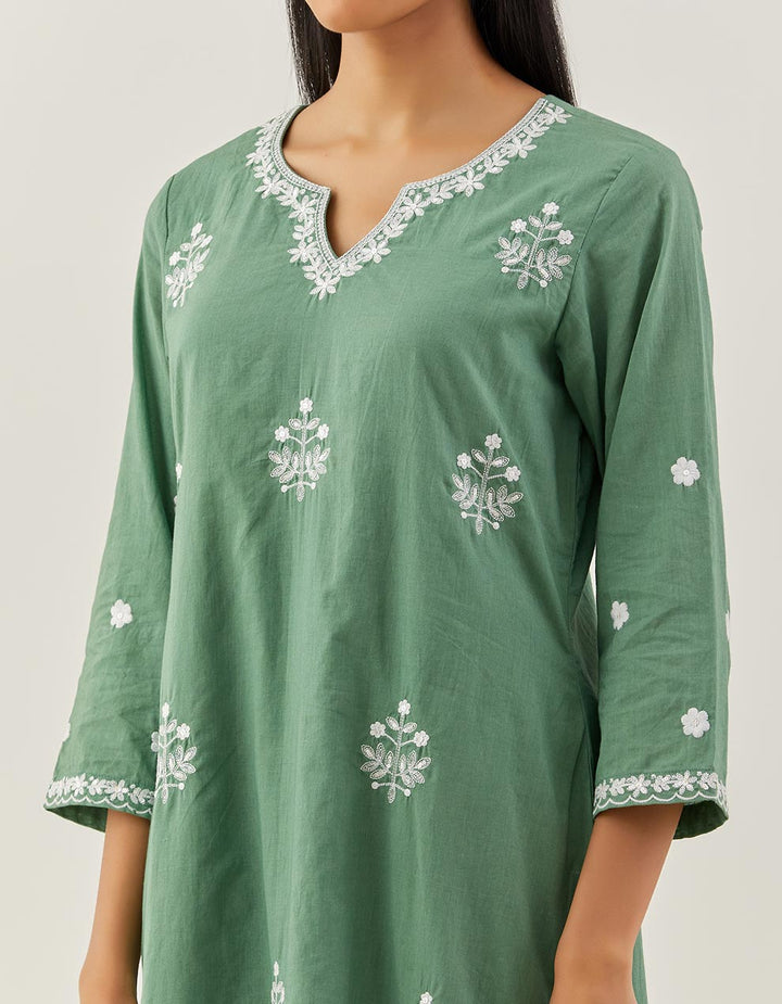 Green Embroidered Cotton Kurta With Pants And Dupatta