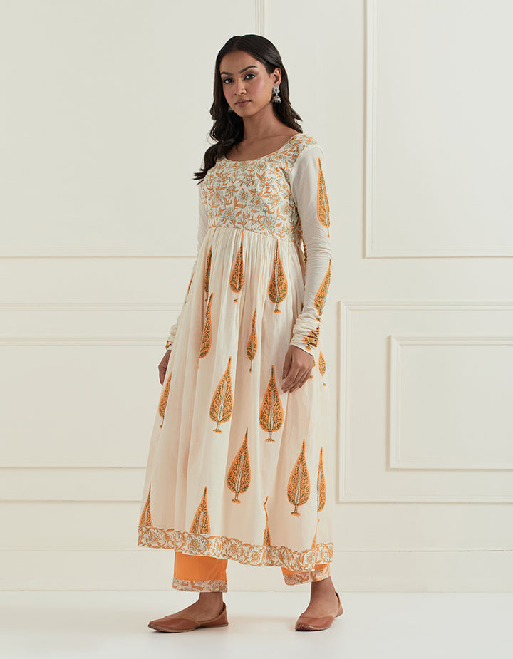 Orange cotton block printed kurta with pants and dupatta