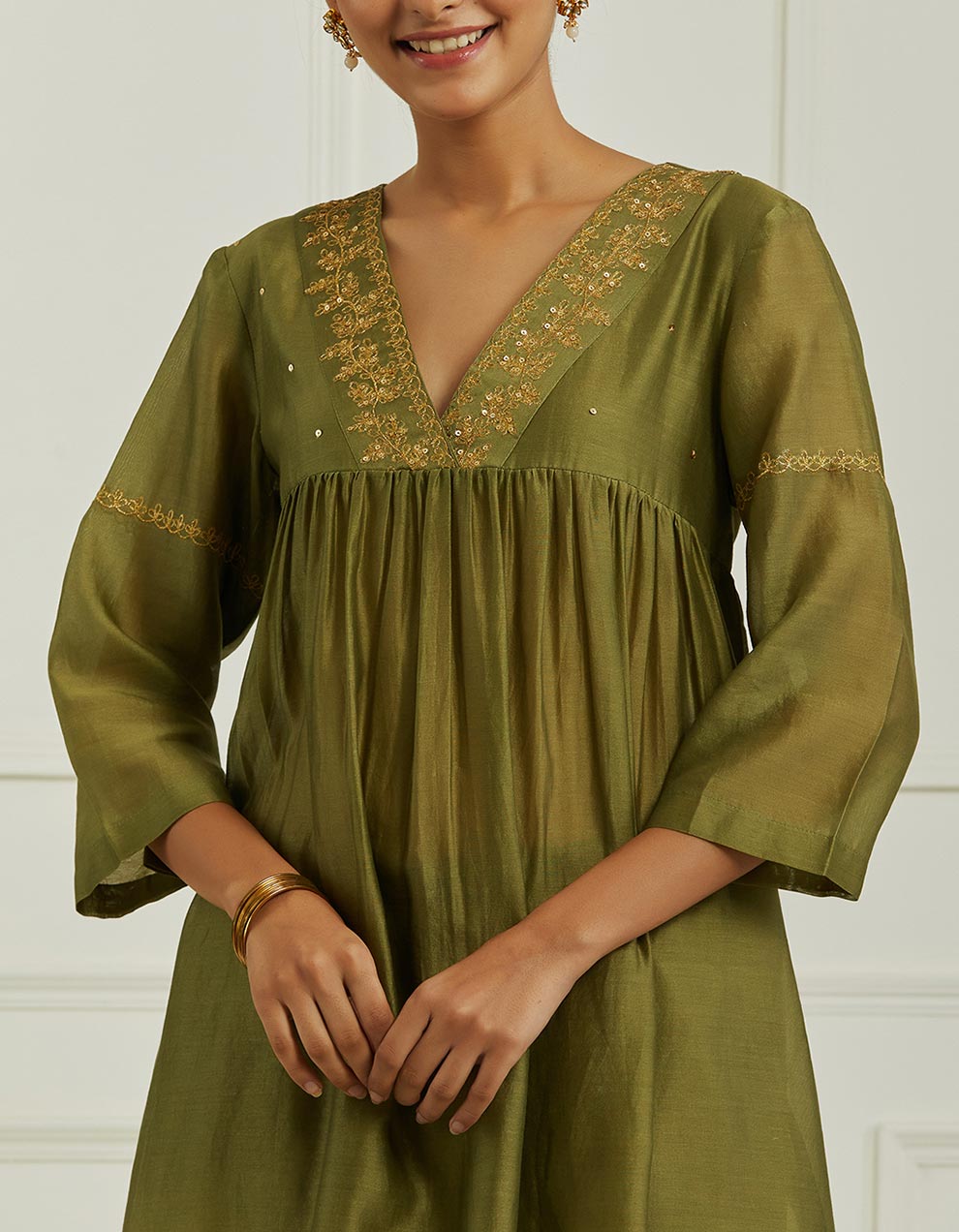 Olive Green Embroidered Chanderi Kurta With Pants