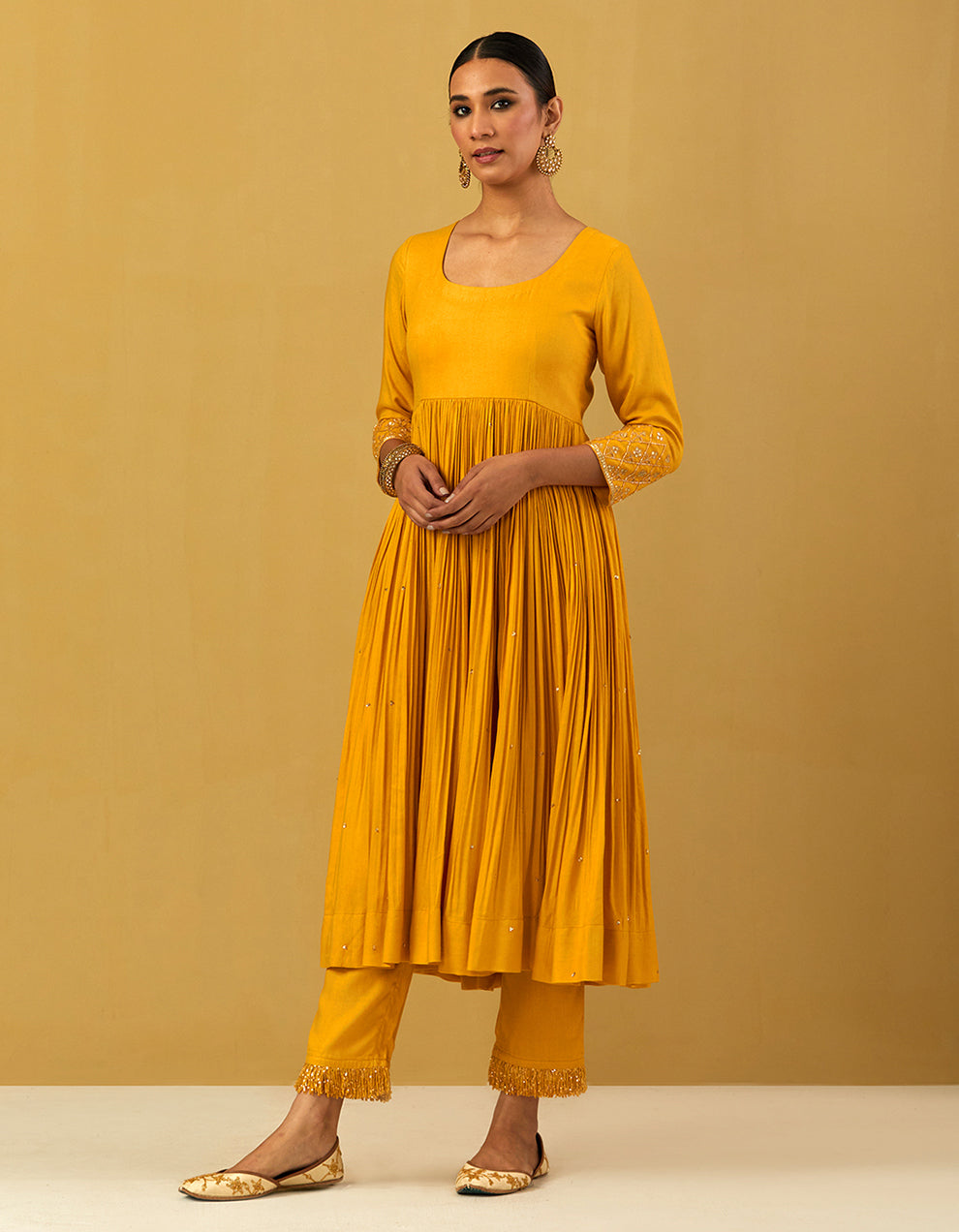 Yellow Cheese Cotton Anarkali With Pants And Shimmer Dupatta