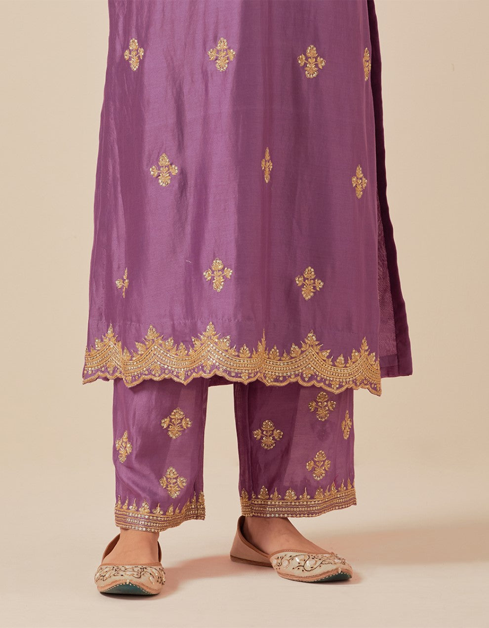 Purple hand embroidered kurta with pants and dupatta