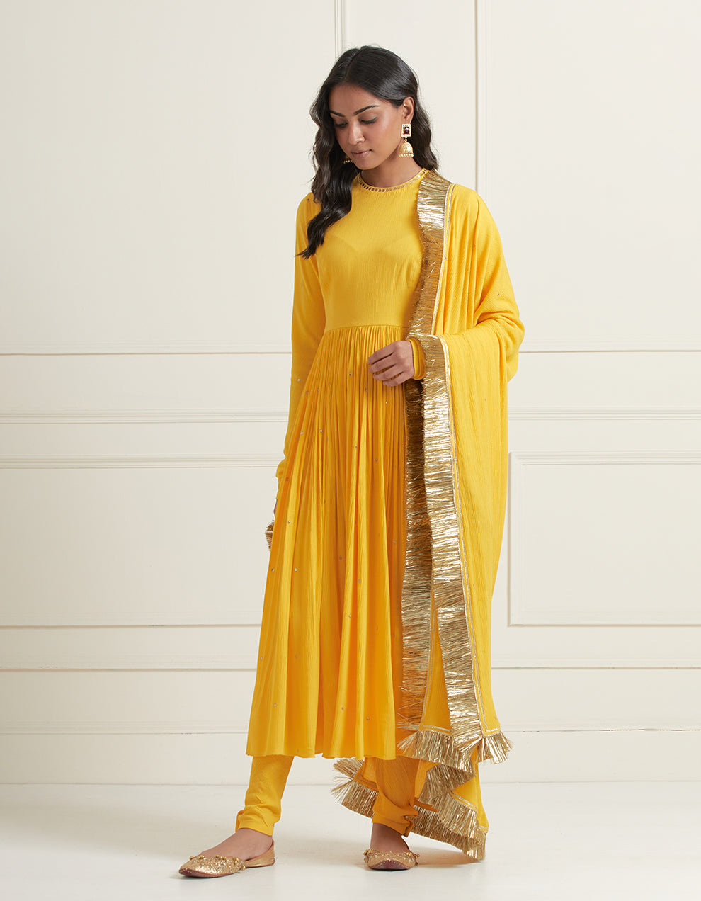 Yellow Hand Embroidered Anarkali with Churidar and Dupatta