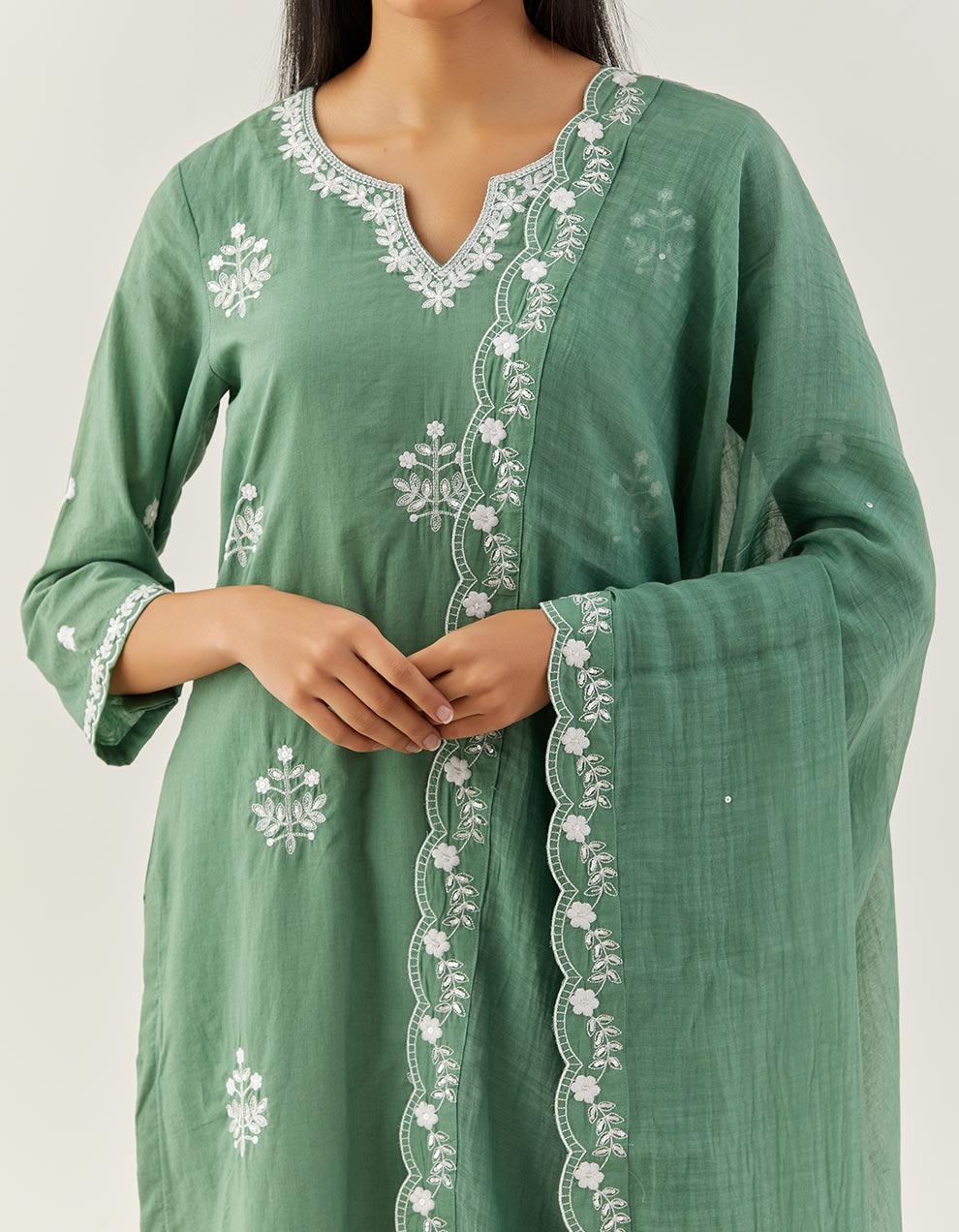 Green Embroidered Cotton Kurta With Pants And Dupatta
