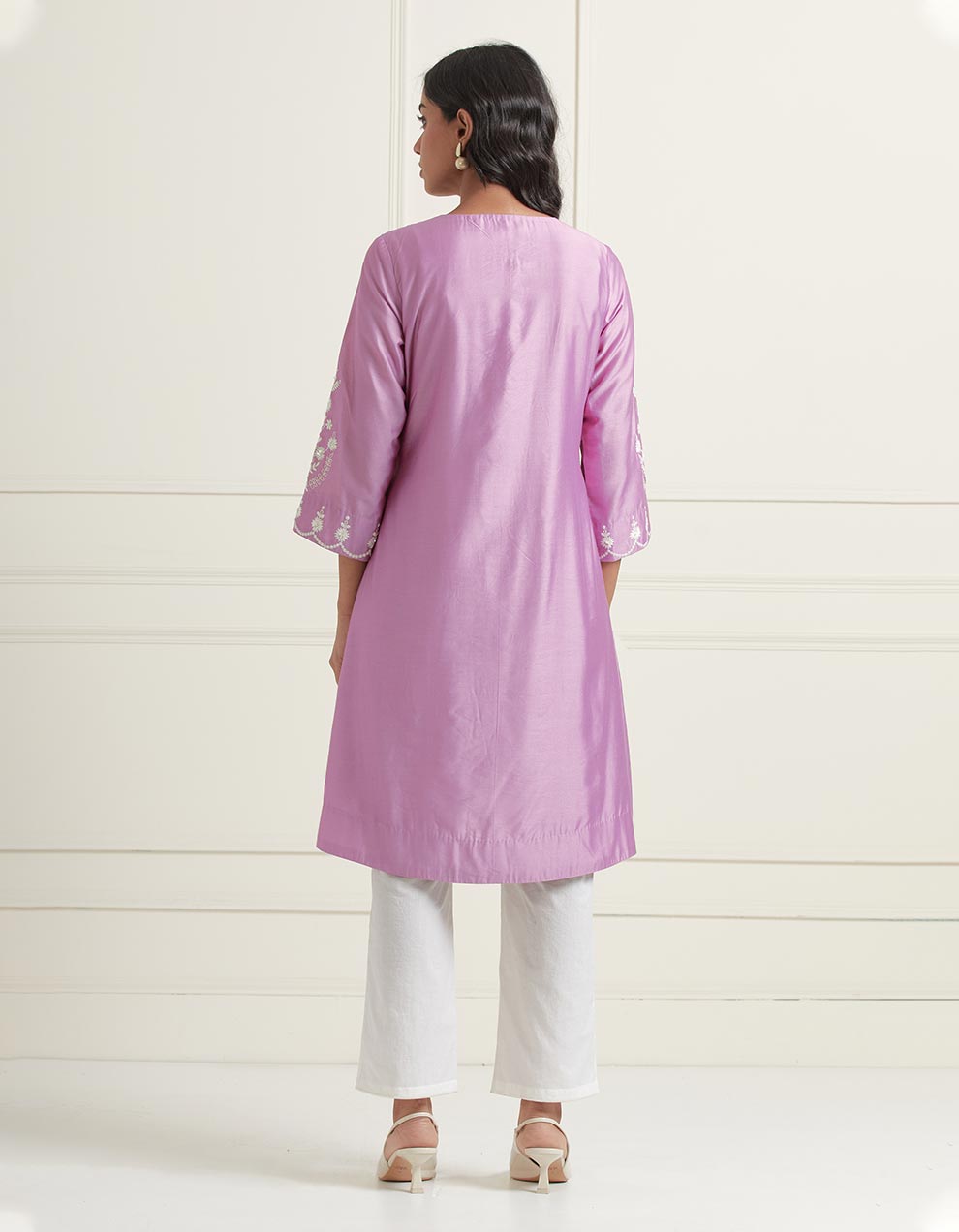 Purple embroidered chanderi silk kurta with pants