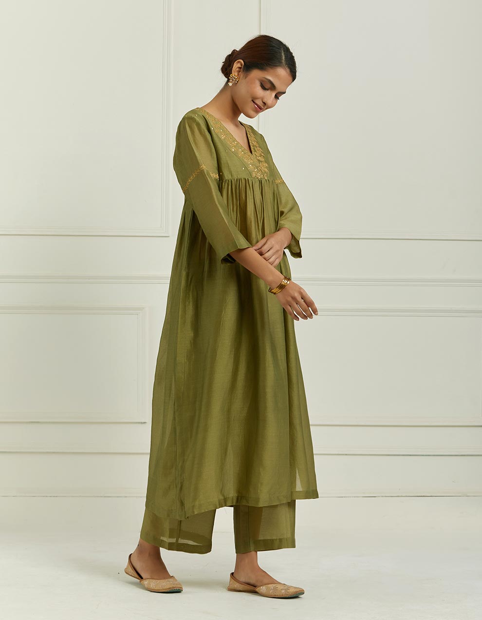 Olive Green Embroidered Chanderi Kurta With Pants