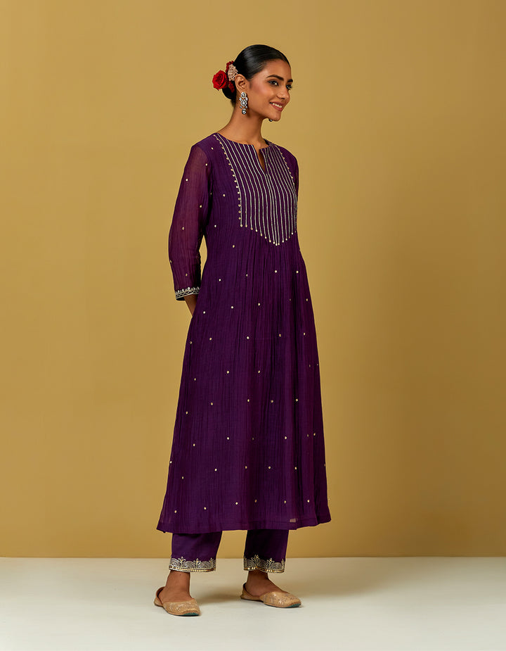 Purple Embroidered Chanderi Kurta With Cotton Pants And Dupatta