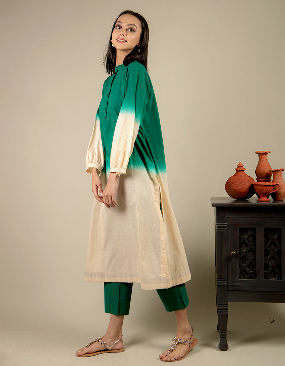 Green and Ivory dip-dyed cotton kurta with straight-cut pants