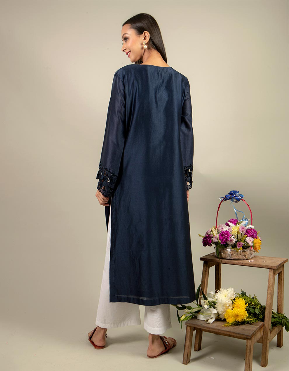 Blue chanderi silk straight-cut kurta