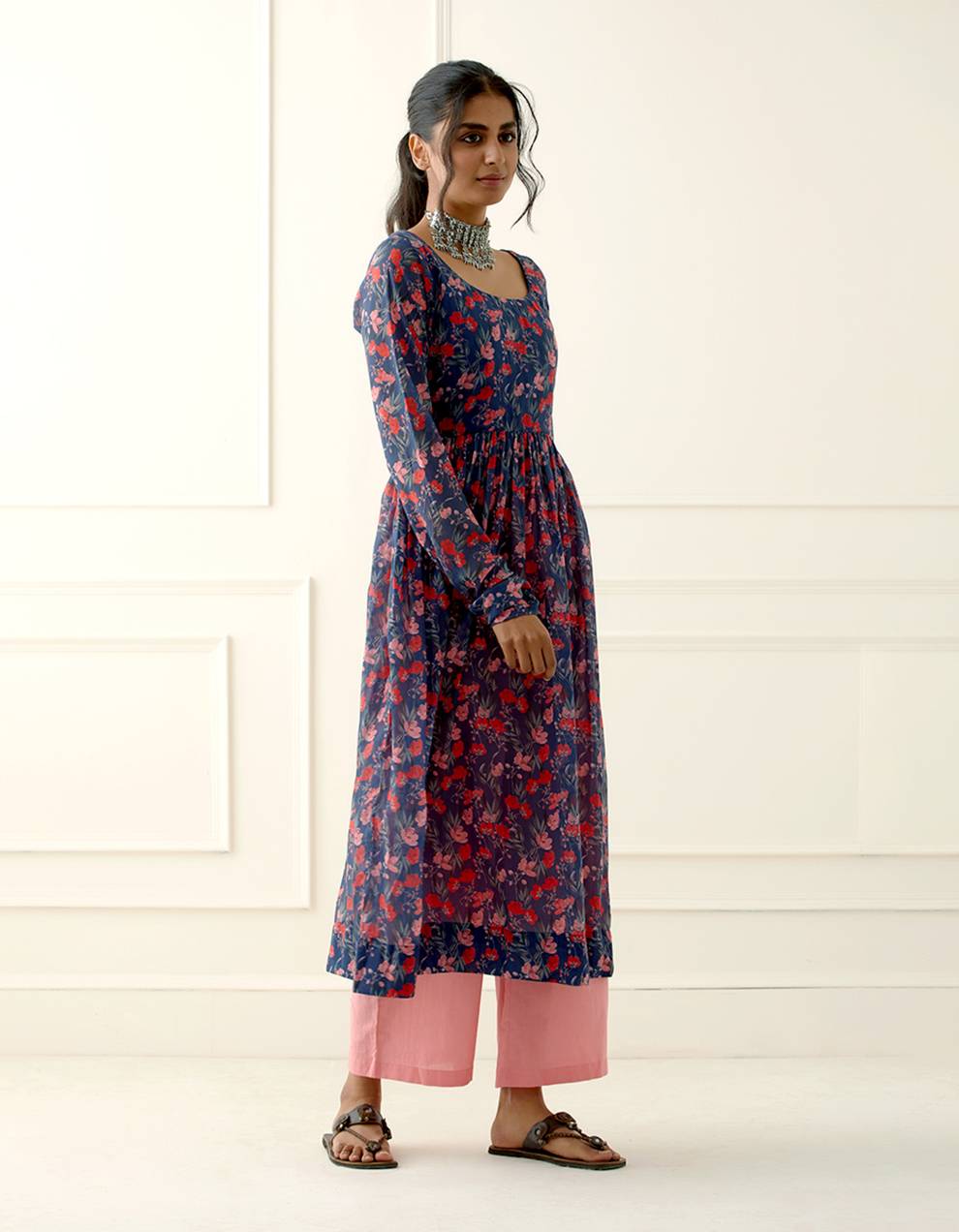 Blue and Peach Printed Mulmul Cotton Kurta with Cambric Cotton pants and Dupatta