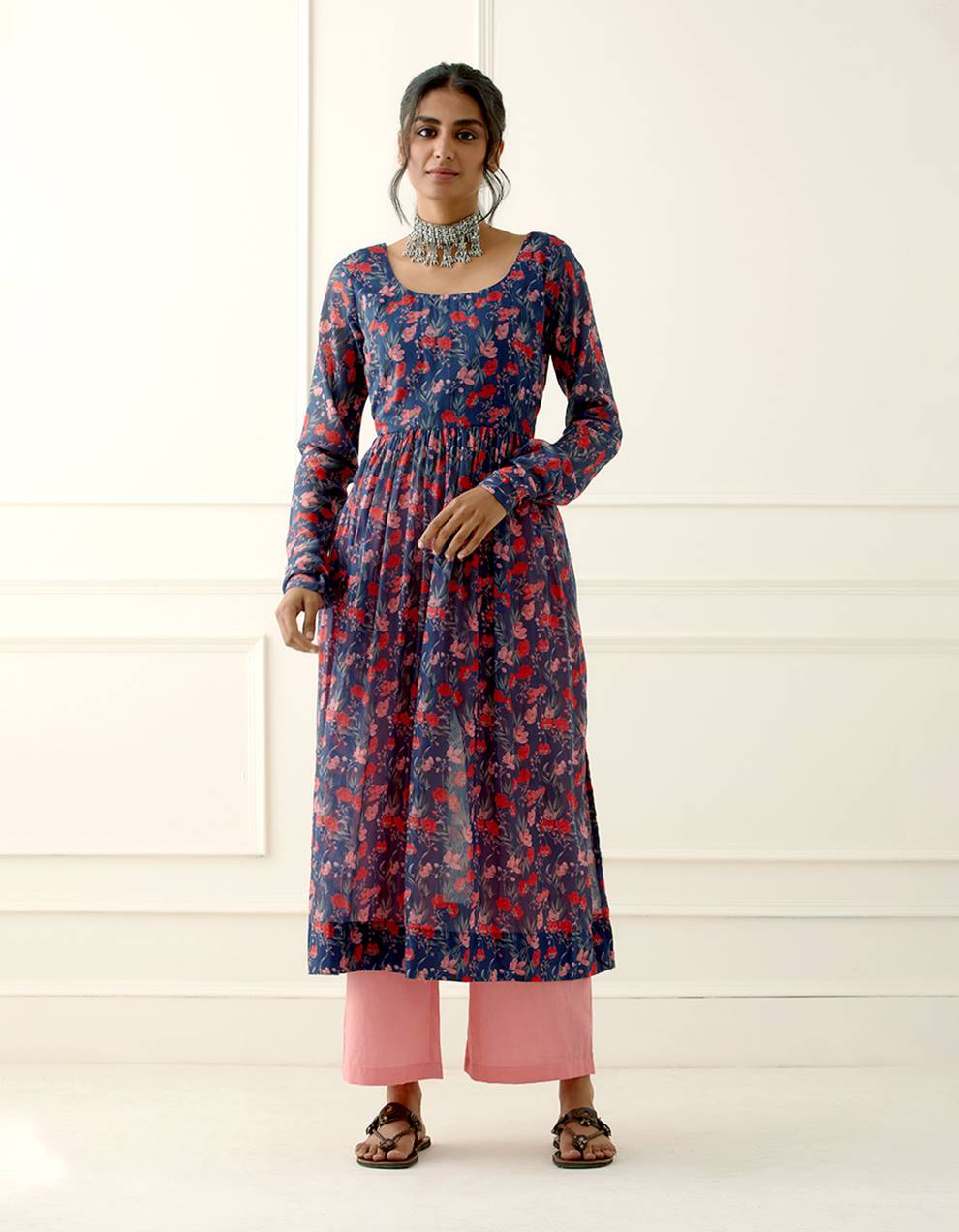 Blue and Peach Printed Mulmul Cotton Kurta with Cambric Cotton pants and Dupatta