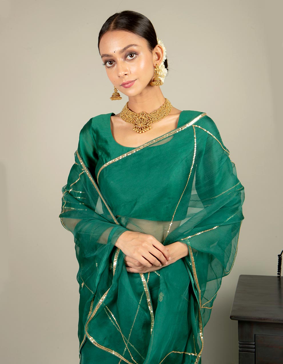 Buy-Green-Organza-Saree-with-chanderi-silk-blouse-and-satin-petticoat-dress-for-women-in-India