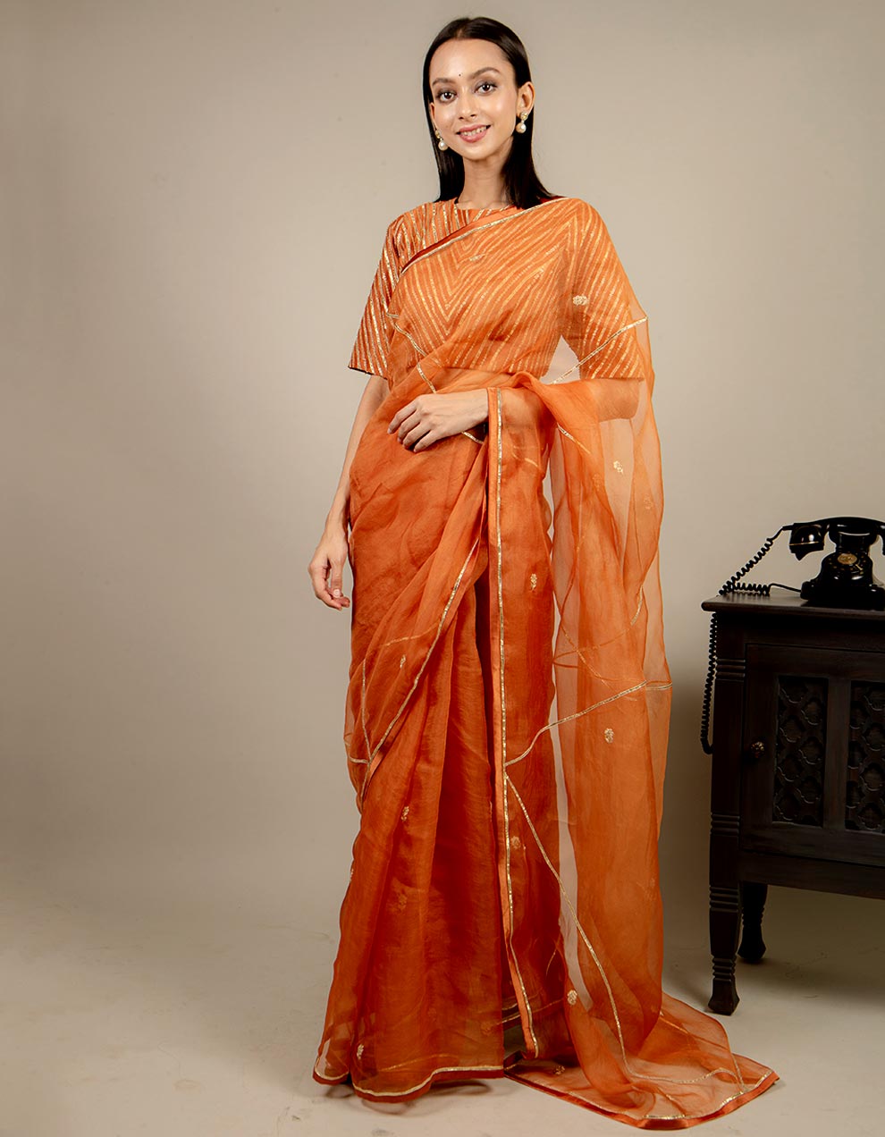 Orange Organza Saree With Chanderi Silk Blouse And Satin Petticoat XL / Orange