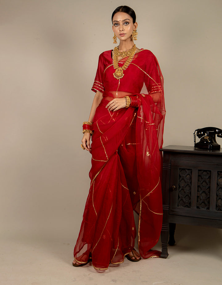 Buy-Red-organza-saree-with-chanderi-silk-blouse-and-satin-petticoat-dress-for-women-in-India
