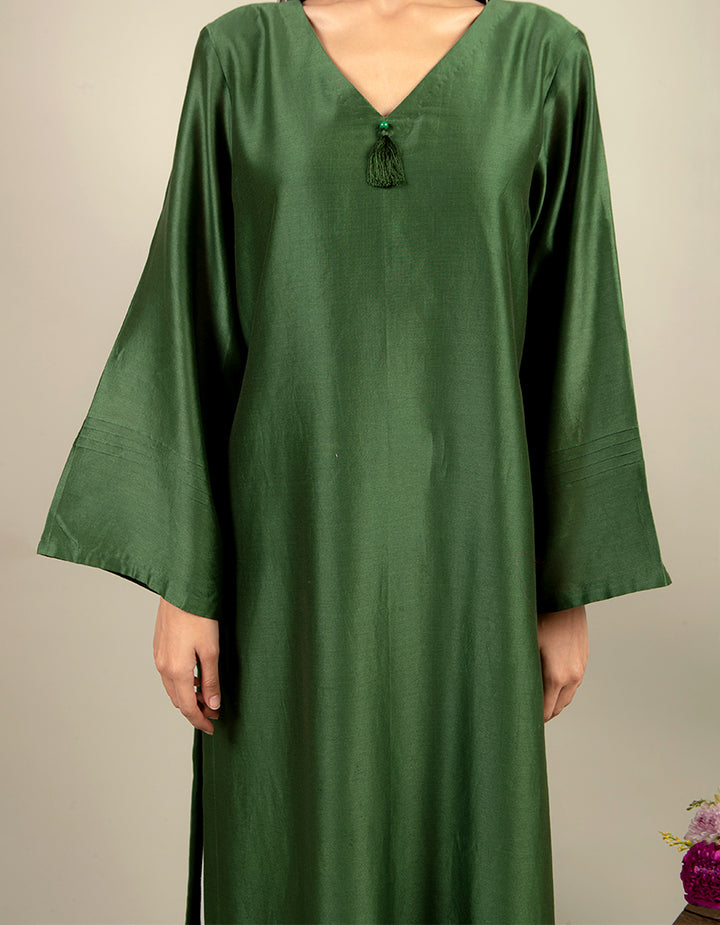 Green chanderi silk straight-cut kurta with straight-cut cotton pants