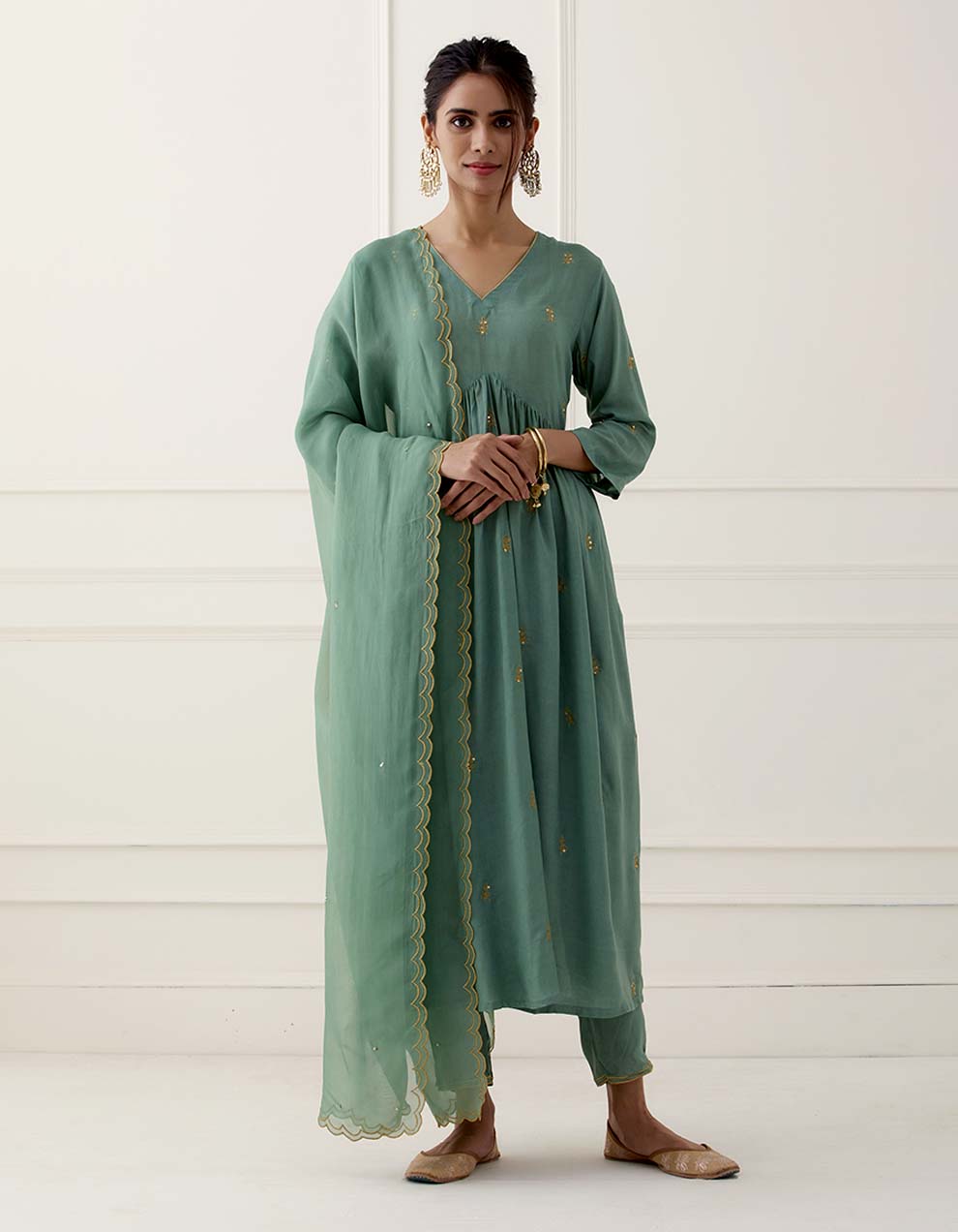Light Green Embroidered Modal Cotton Kurta With Pants And Dupatta