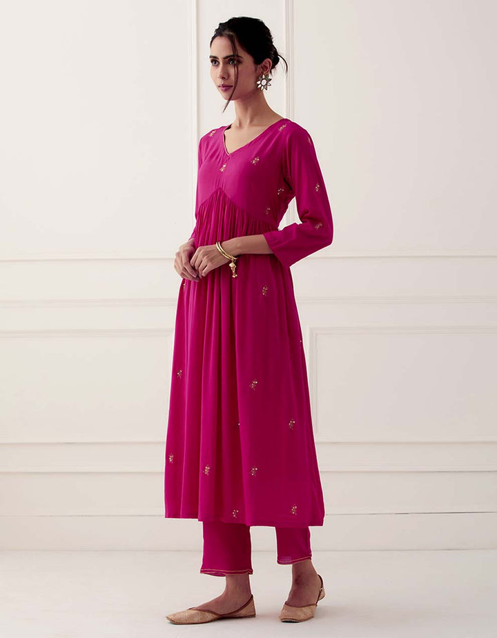 Magenta Embroidered Modal Cotton Pants