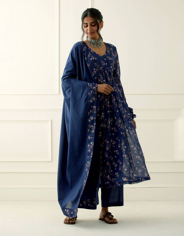 Navy Blue Printed Mulmul Cotton Kurta with Cambric Cotton pants and Dupatta