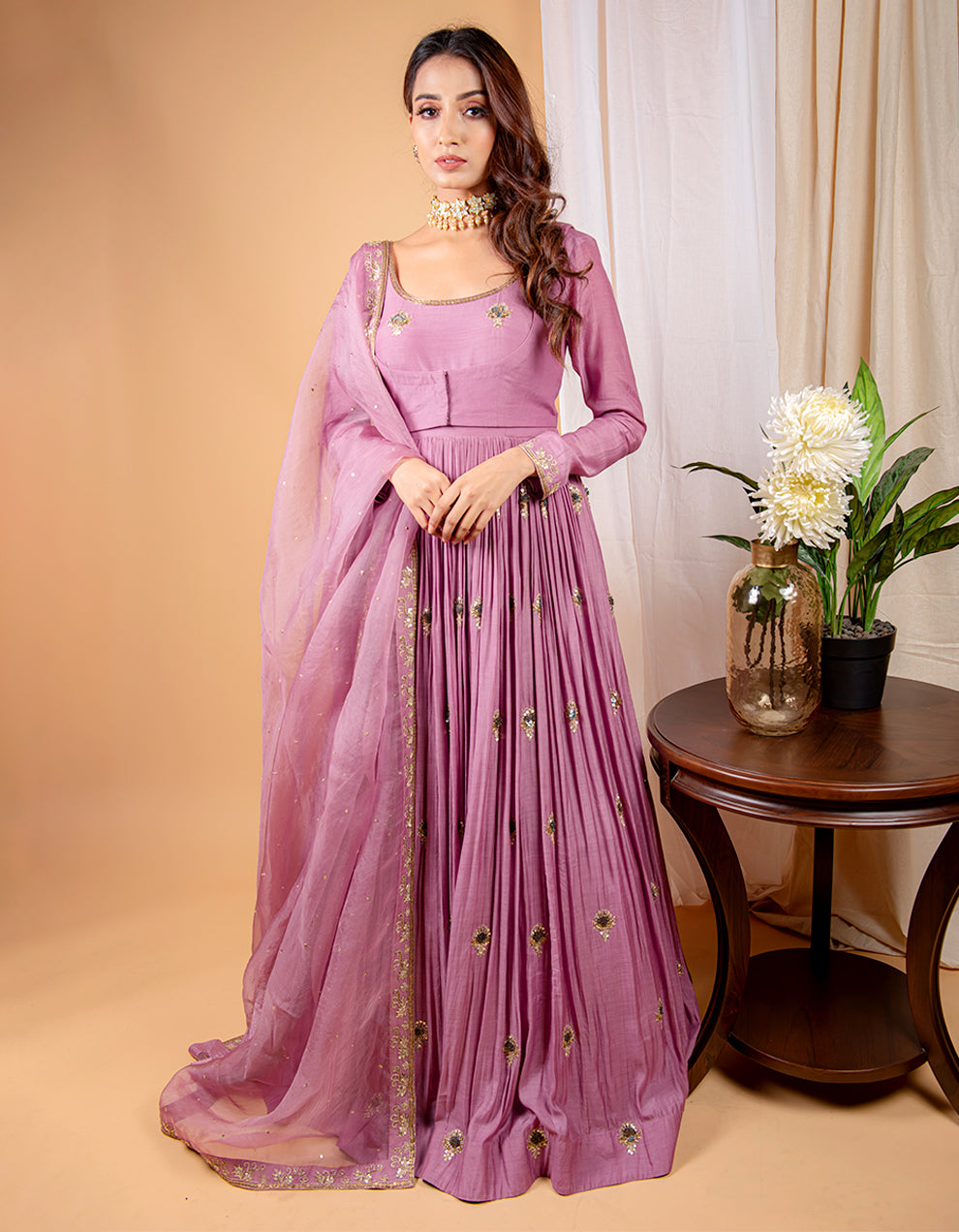 Buy-the-best-Plum-pink-embroidered-floor-length-suit-with-jacket-and-tissue-dupatta-for-women-in-India