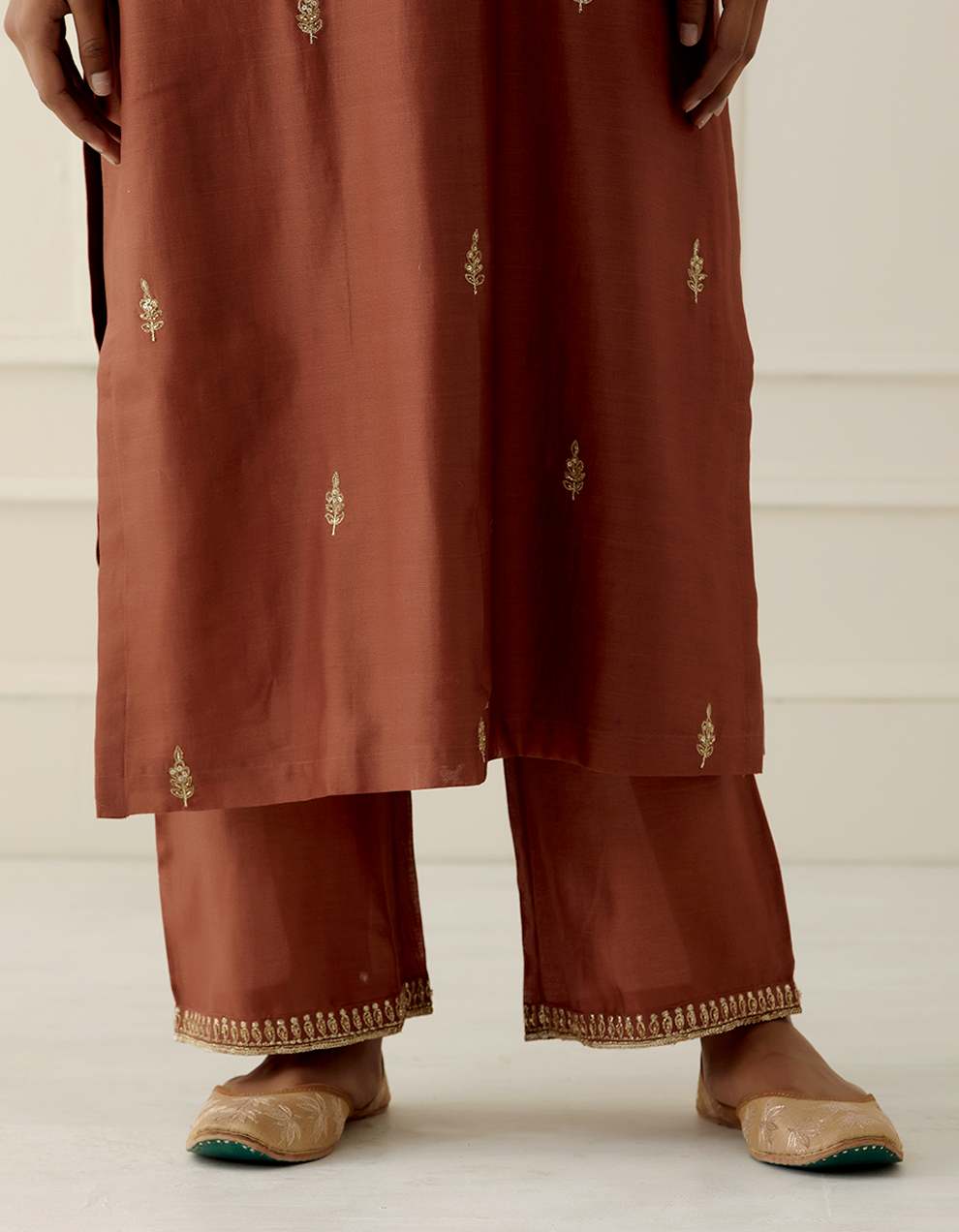 Rust Embroidered Straight Pants